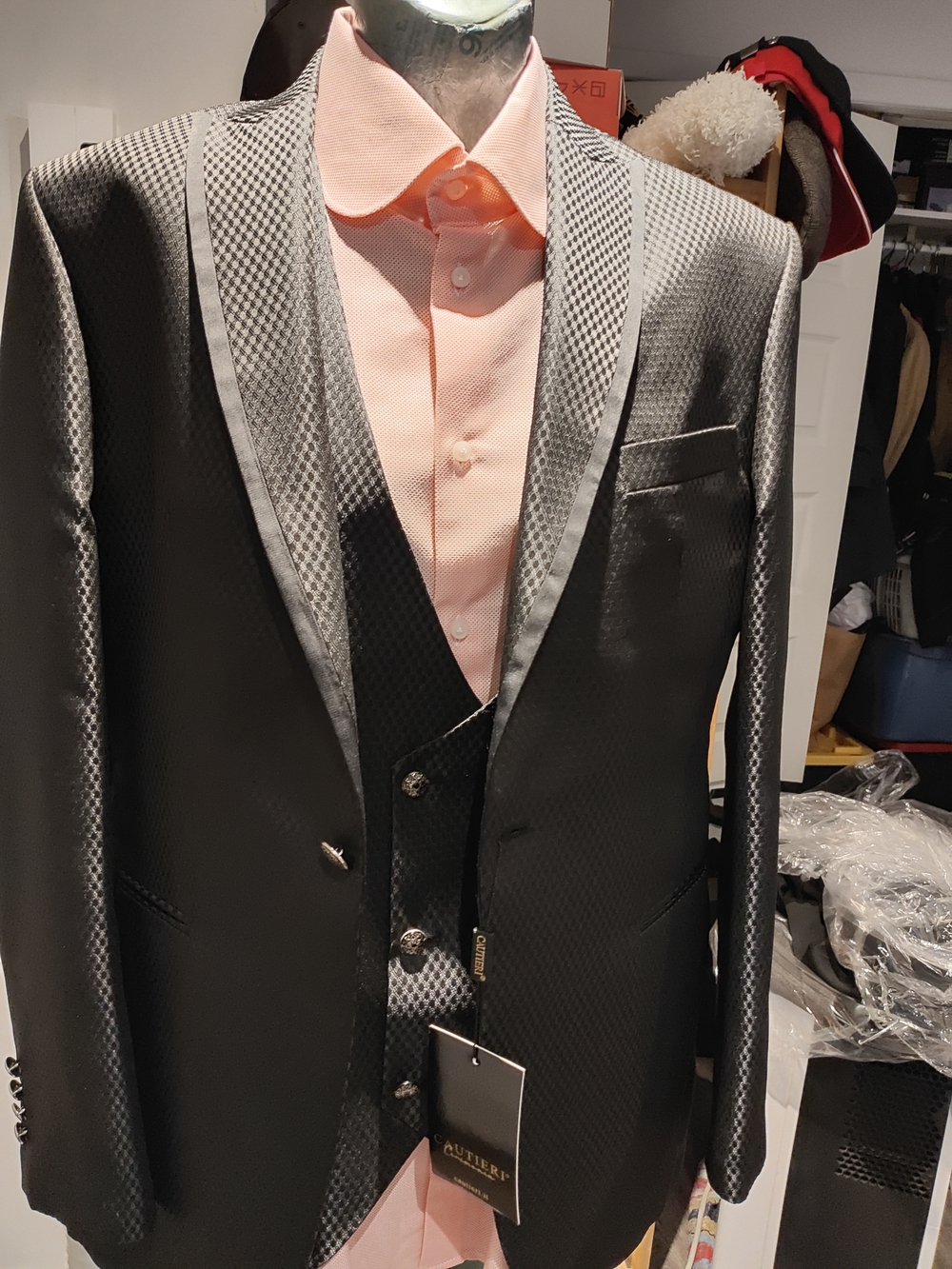 Men's Cautieri Black Textured Dinner Jacket with Black Pants 52